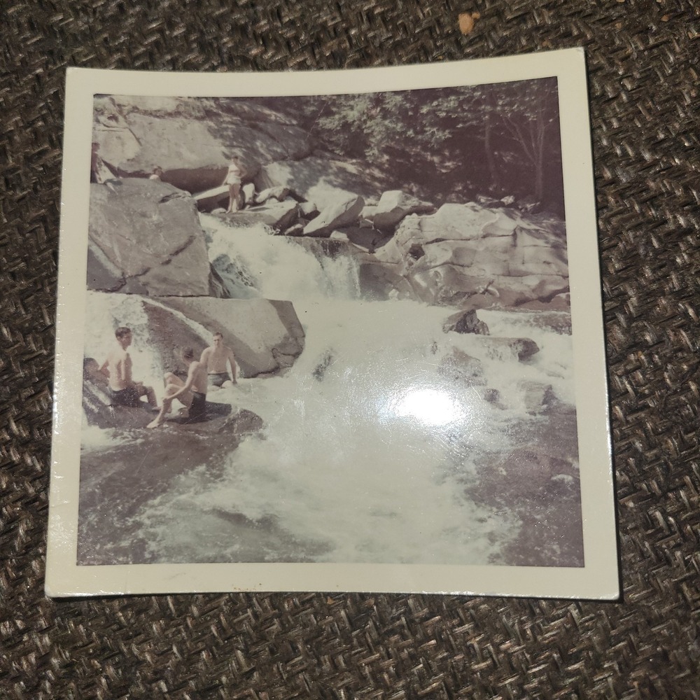 Vintage Snapshot Photo Men Swimming Waterfall Rapids River Rocks Outdoor Scene